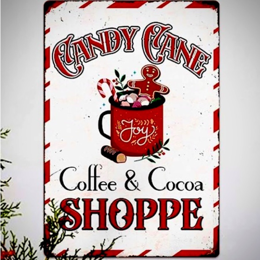 ♥️New! Vintage Candy Cane Coffee Cocoa Shoppe Christmas Holiday Tin Metal Sign